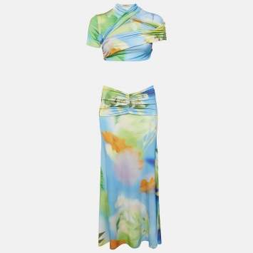 Pre Owned Mirae Green Jersey Tani Lilies Top and Skirt Set M