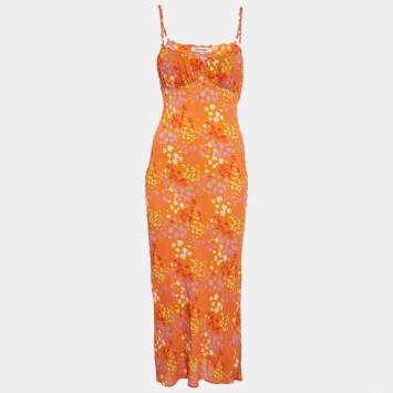 Pre Owned Mirae Orange Floral Print Crepe Florae Midi Dress S