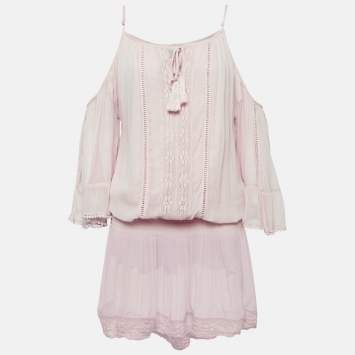 Pre Owned Miss June Pink Crepe Lace Trimmed Short Dress M