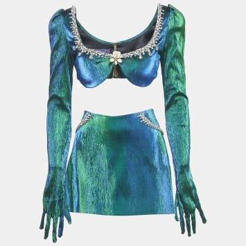 Pre Owned Miss Sohee Peacock Green Lurex Vanguard Ariana Crop Top and Skirt Set M
