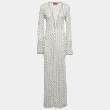 Pre Owned Missoni Mare White Lurex Knit Front Tie Long Sleeve Slit Maxi Dress M