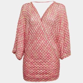 Pre Owned Missoni Mare Pink Patterned Knit Ruch detailed Kimono Sleeve Top S