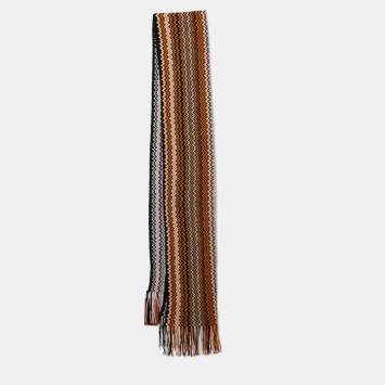 Pre Owned Missoni Multicolor Chevron Pattern Knit Fringed Wool Blend Scarf