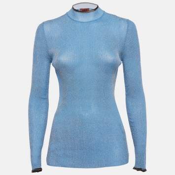 Pre Owned Missoni Blue Lurex Rib Knit Mock Neck Top M