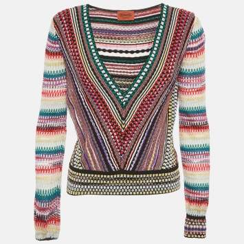 مملوكة مسبقًا Missoni Multicolor Textured Knit V-Neck Pullover M