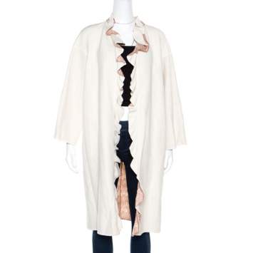 Pre Owned Missoni Off White Silk and Linen Blend Ruffle Detail Contrast Lined Long Coat M