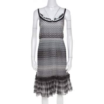 Pre Owned Missoni Monochrome Textured Knit Flounce Hem Detail Metallic Strappy Dress M