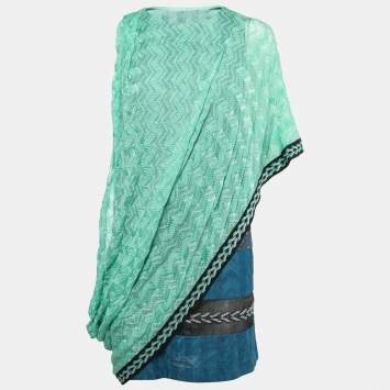 مملوكة مسبقًا Missoni Green/Blue Embellished Knit Layer Draped One Shoulder Short Dress S