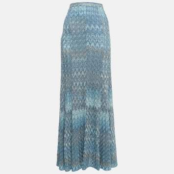 Pre Owned Missoni Metallic Blue/Silver Patterned Knit Maxi Skirt M