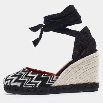 Pre Owned Missoni Black/White Fabric and Raffia Wedge Sandals Size 37