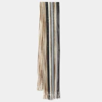 Pre Owned Missoni Beige/Black Striped Lurex & Wool Knit Fringed Stole 