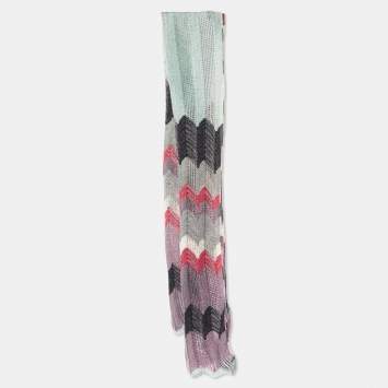 Pre Owned Missoni Sage Grenn/Purple Zig Zag Merino Wool Knit Stole 