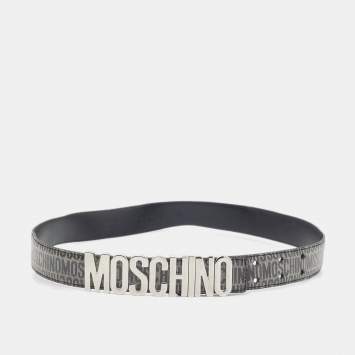 Pre Owned Moschino Black/Grey Printed Leather Classic Logo Waist Belt
