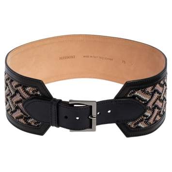 Pre Owned Missoni Black/Beige Fabric and Leather Trim Wide Waist Belt 75CM