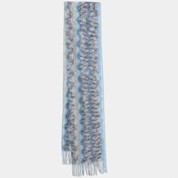 Pre Owned Missoni Vintage Blue Patterned Knit Fringed Scarf