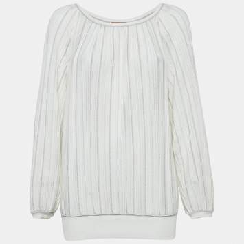 Pre Owned Missoni White Pinhole Lurex Knit Round Neck Top M