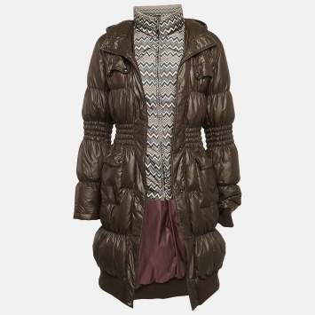 Pre Owned Missoni Olive Green Chevron Print Nylon Shirring Puffer Down Jacket M
