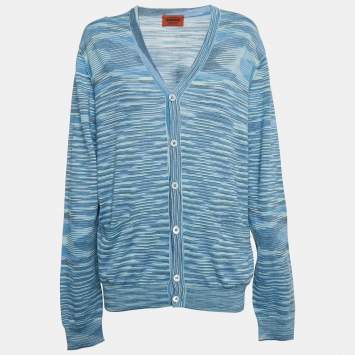 Pre Owned Missoni Blue/Multicolor Patterned Knit Cardigan L