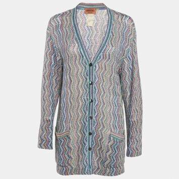 Pre Owned Missoni Blue Crochet Button Front Sheer Cardigan M