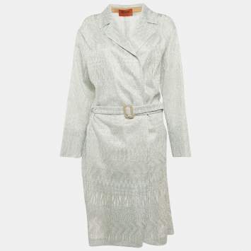Pre Owned Missoni Blue Patterned Lurex Mesh Belted Overcoat L