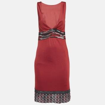 Pre Owned Missoni Dress Red Embellished Jersey V-Neck Short Dress S