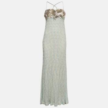 Pre Owned Missoni Blue Embellished Crochet Knit Strappy Maxi Dress S
