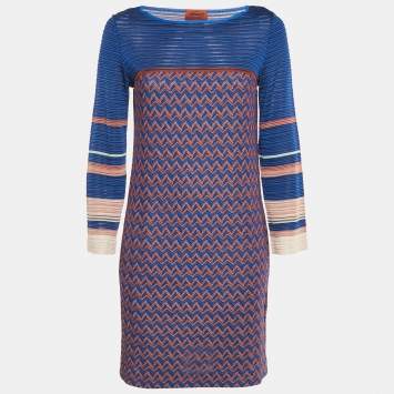 Pre Owned Missoni Blue Zig Zag Knit Mini Dress S