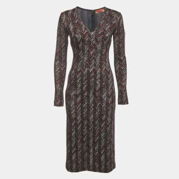 Pre Owned Missoni Black Zig Zag Knit V-Neck Sheath Dress S