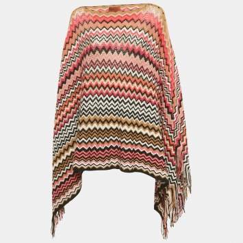 Pre Owned Missoni Multicolor Zig-Zag Wool Fringed Poncho One Size  