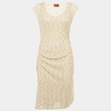 Pre Owned Missoni Beige Patterned Lurex Knit Ruche Midi Dress M