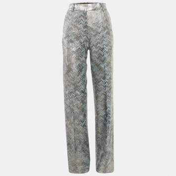 Pre Owned Missoni Silver /Blue Metallic Zig zag Straight Leg Trousers M