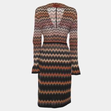 Pre Owned Missoni Multicolor Zig Zag Print Rib Knit Long Sleeve V Neck Midi Dress M