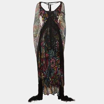 Pre Owned Missoni Multicolor Printed Mesh Fringe Detail Maxi Dress M