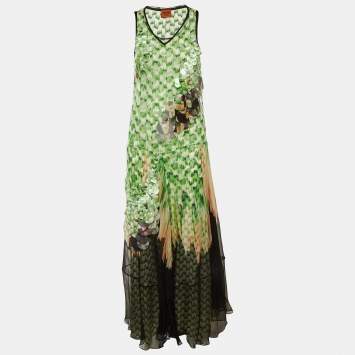 Pre Owned Missoni Green Embellished Printed Silk Overlay Maxi Dress S 