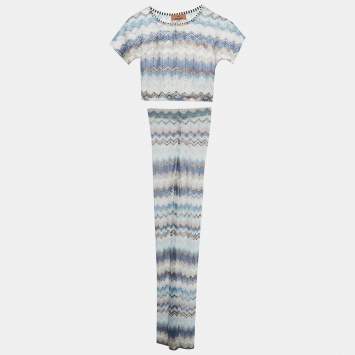 Pre Owned Missoni Blue Zig Zag Lurex Crochet Knit Pant & Crop Top Set XS