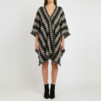 Pre Owned Missoni Black/Beige Zig Zag Print Wool Blend Poncho