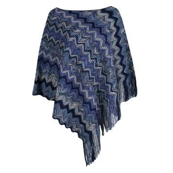 Pre Owned Missoni Navy Blue Chevron Pattern Chunky Knit Fringed Edge Poncho M
