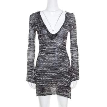 Pre Owned M Missoni Monochrome Chevron Patterned Perforated Knit Flared Sleeve Tunic S