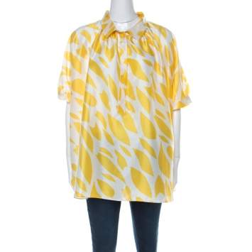 Pre Owned Missoni Yellow & White Printed Silk Collared Short Sleeve Oversized Blouse S