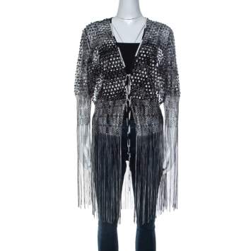 Pre Owned Missoni Monochrome Crochet Knit Lace Trim Fringed Cardigan L