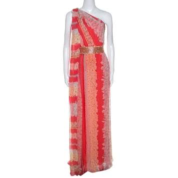 Pre Owned Missoni Coral Pink Floral Print Silk One Shoulder Maxi Dress S