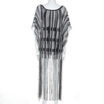 Pre Owned Missoni Monochrome Chevron Knit Fringe Detail Dress M