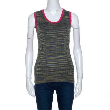 Pre Owned M Missoni Green Knit Contrast Trim Sleeveless Tank Top M 