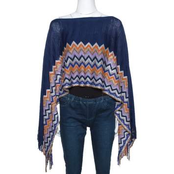 Pre Owned Missoni Navy Blue Chevron Lurex Knit Fringed Poncho One Size