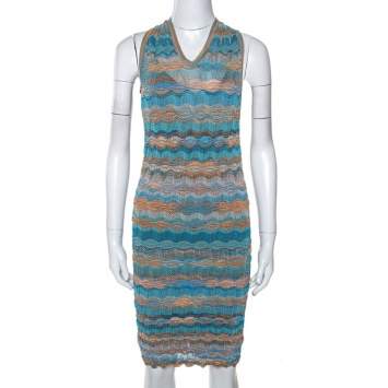 Pre Owned Missoni Teal & Sandy Beige Knit Twisted Back Detail Mini Dress S 