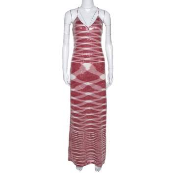 Pre Owned Missoni Red & White Sequin Embellished Knit Maxi Dress M