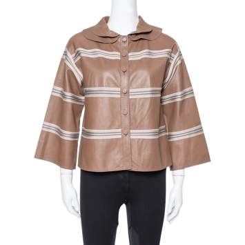 Pre Owned Missoni Brown Striped Leather Detachable Collar Detail Jacket M