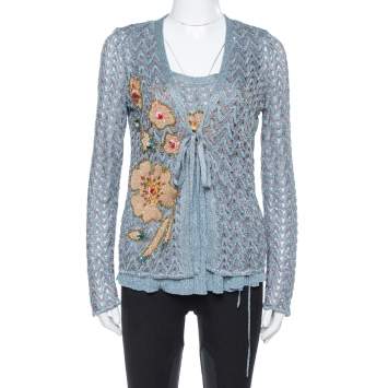 Pre Owned Missoni Grey Lurex Knit Crystal Embellished Top and Cardigan Set L