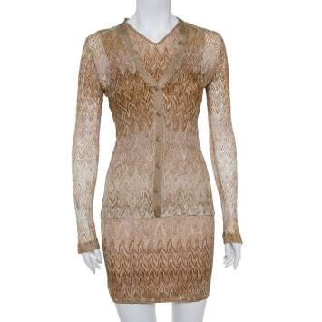 Pre Owned Missoni Beige Lurex Knit Cardigan and Midi Dress Set M
