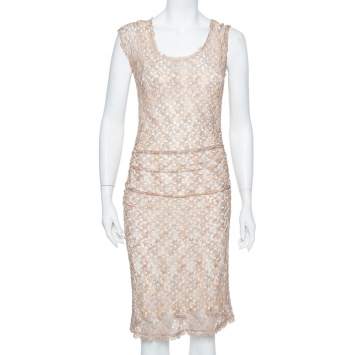 Pre Owned Missoni Beige Open Knit Ruched Midi Dress S